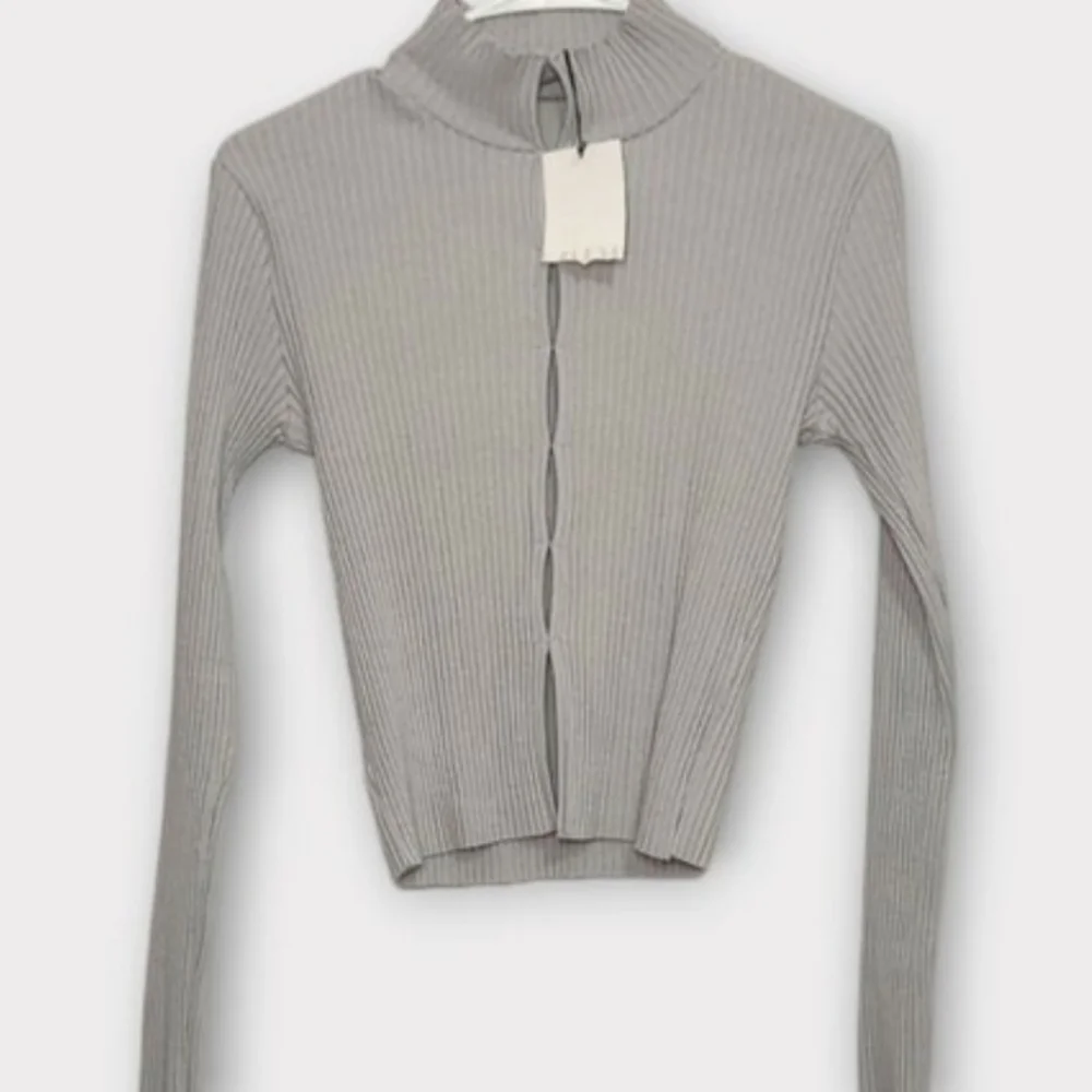Zara Ribbed Mock Neck Long Sleeve Top - Gray with sexy cutouts
